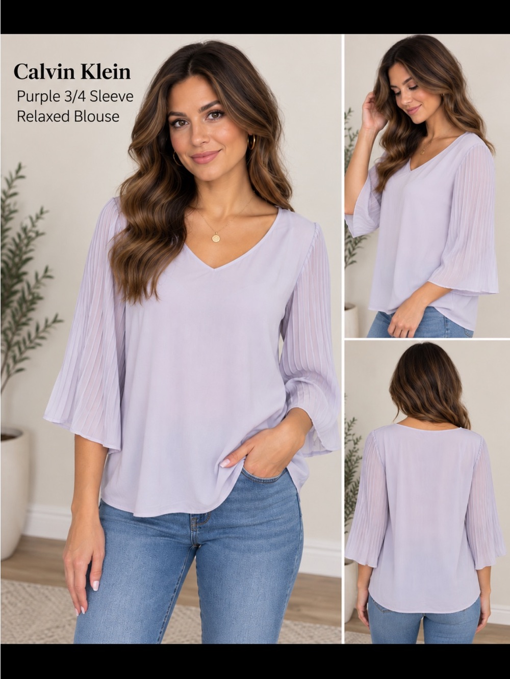 Calvin Klein Purple 3/4 Sleeve Relaxed Blouse